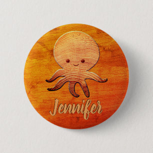 Cute Cartoon Octopus With Faux Wood Print 6 Cm Round Badge