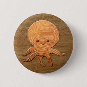Cute Cartoon Octopus With Faux Wood Print 6 Cm Round Badge