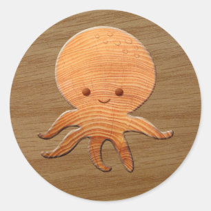 Cute Cartoon Octopus With Faux Wood Print Classic Round Sticker