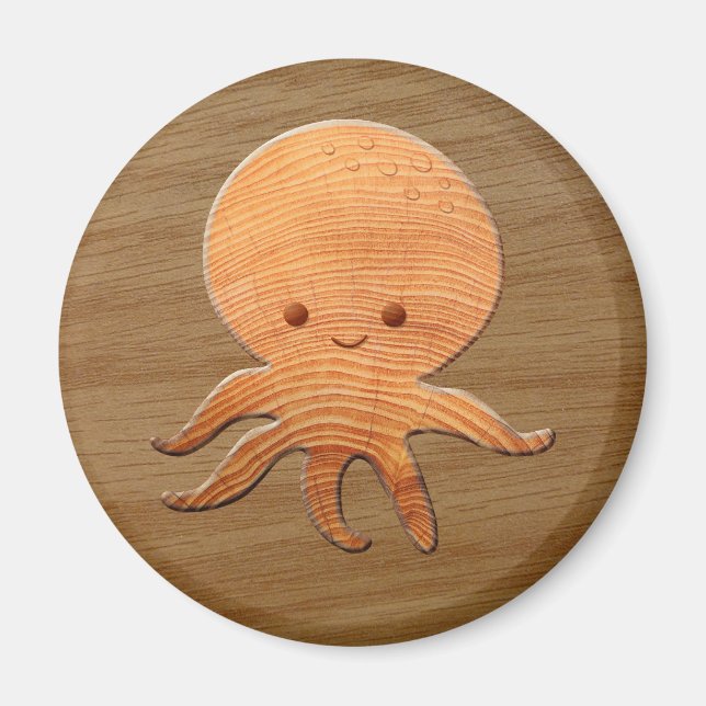 Cute Cartoon Octopus With Faux Wood Print Magnet (Front)