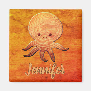 Cute Cartoon Octopus With Faux Wood Print Magnet