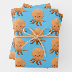 Cute Cartoon Octopus With Faux Wood Print Wrapping Paper Sheet