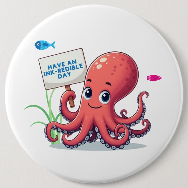 Cute, cartoon octopus with fish 6 cm round badge (Front)