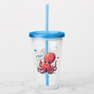 Cute, cartoon octopus with fish acrylic tumbler