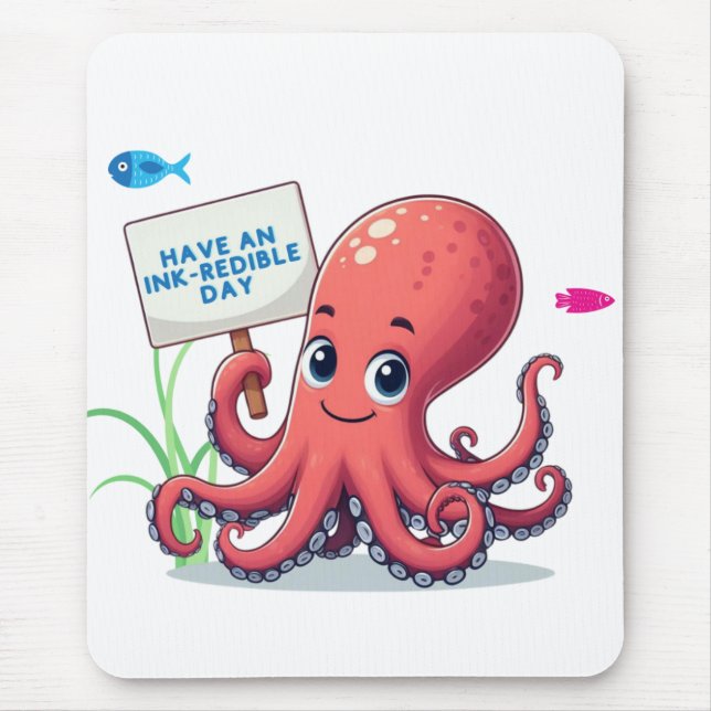 Cute, cartoon octopus with fish mouse mat (Front)