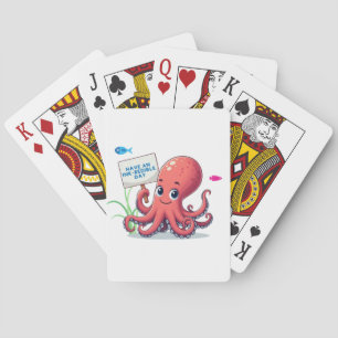 Cute, cartoon octopus with fish playing cards