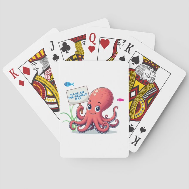 Cute, cartoon octopus with fish playing cards (Back)