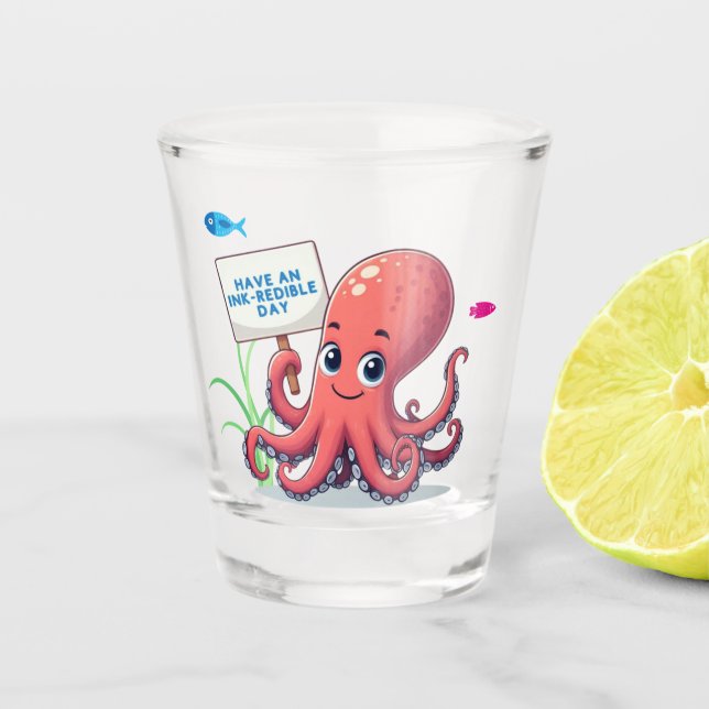 Cute, cartoon octopus with fish shot glass (Front)