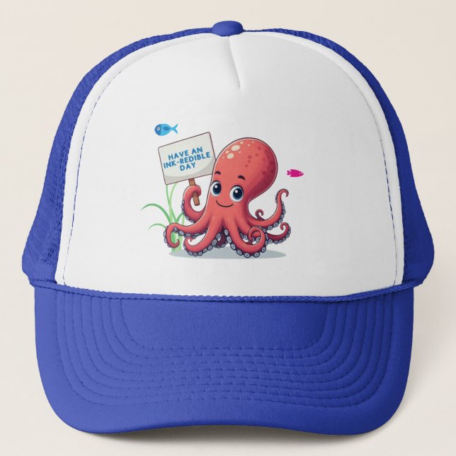 Cute, cartoon octopus with fish trucker hat (Front)