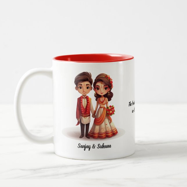 Cute Cartoon of Desi Bride & Groom Indian Wedding  Two-Tone Coffee Mug (Left)