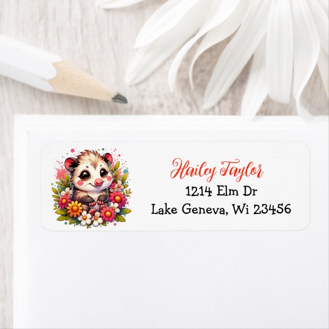 Cute Cartoon Opossum and Flowers Pink (Insitu)