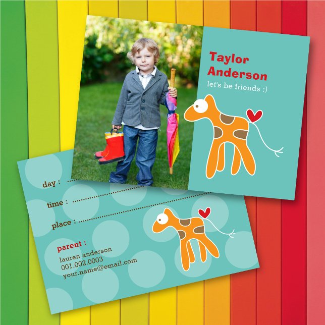 Cute Cartoon Orange Giraffe Photo Kid's Play Date Calling Card (Creator Uploaded)