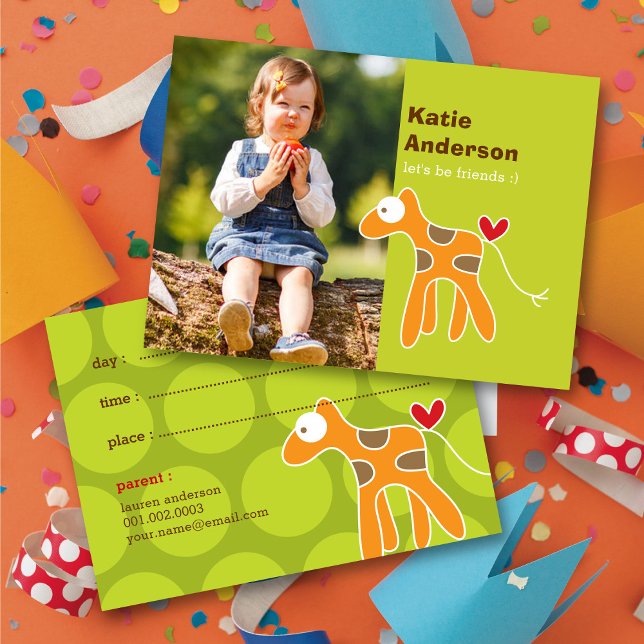 Cute Cartoon Orange Giraffe Photo Kid's Play Date Calling Card (Creator Uploaded)