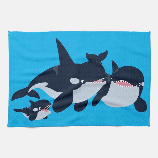 Cute Cartoon Orca Family Tea Towel (Horizontal)