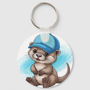Cute Cartoon Otter Wearing a Blue Baseball Cap Key Ring