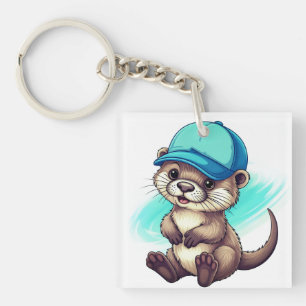 Cute Cartoon Otter Wearing a Blue Baseball Cap Key Ring