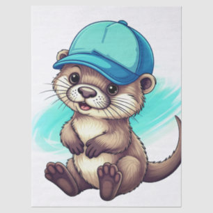 Cute Cartoon Otter Wearing a Blue Baseball Cap Tissue Paper