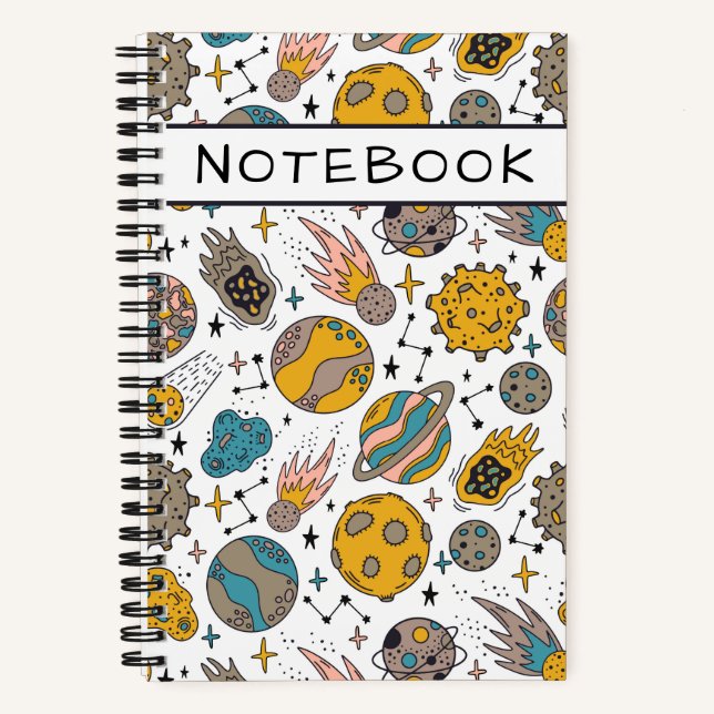 Cute Cartoon Outer Space Planets Comets Stars Notebook (Front)