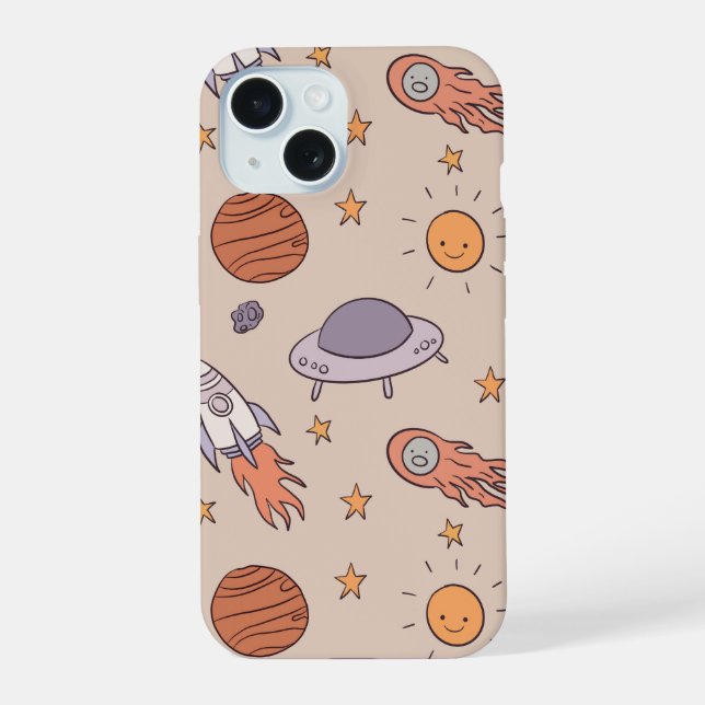 Cute Cartoon Outer Space Seamless Pattern Design iPhone 15 Case (Back)