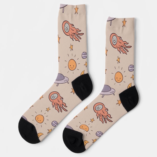 Cute Cartoon Outer Space Seamless Pattern Design Socks (Left)