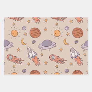 Cute Cartoon Outer Space Seamless Pattern Design Wrapping Paper Sheet