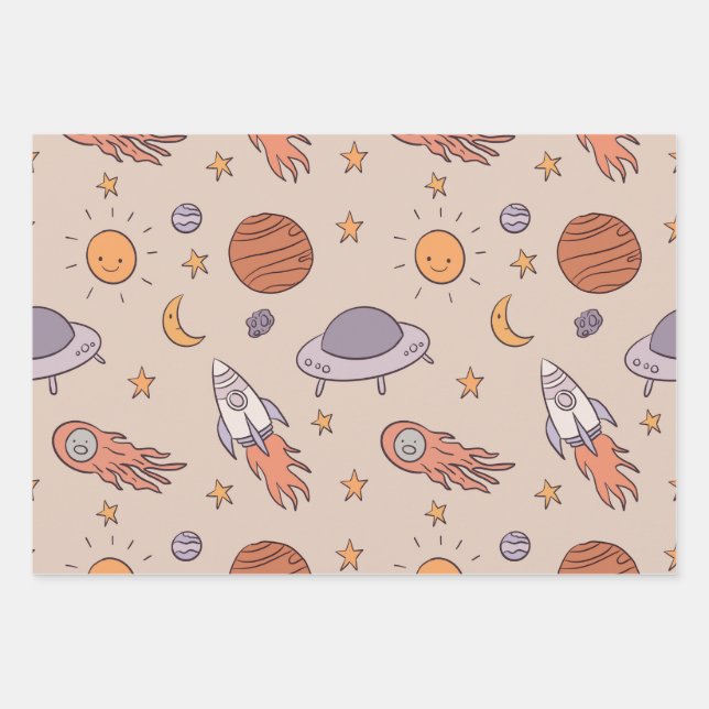 Cute Cartoon Outer Space Seamless Pattern Design Wrapping Paper Sheet (Front)