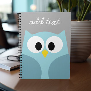 Cute Cartoon Owl - Blue and Gray Custom Name Notebook