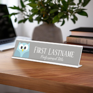 Cute Cartoon Owl - Blue and Grey Custom Name Desk Name Plate