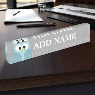 Cute Cartoon Owl - Blue and Grey Custom Name Nameplate