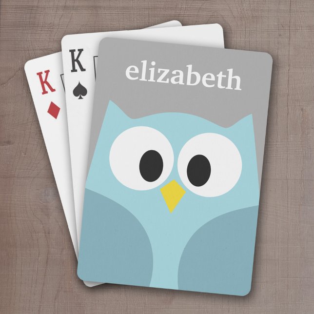 Cute Cartoon Owl - Blue and Grey Custom Name Playing Cards (Cute Personalized playing cards with a cartoon owl and a monogram or name)