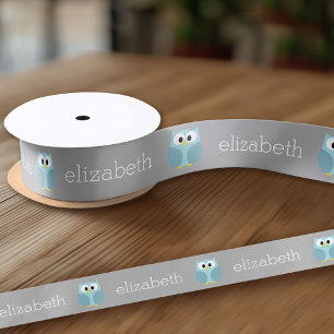 Cute Cartoon Owl - Blue and Grey Custom Name Satin Ribbon