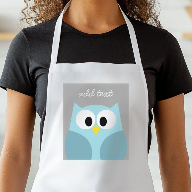 Cute Cartoon Owl - Blue and Grey Custom Name Standard Apron (Personalized Kitchen Apron)