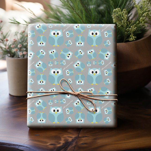 Cute Cartoon Owl - Blue and Grey Custom Name Wrapping Paper (Personalized Wrapping Paper)