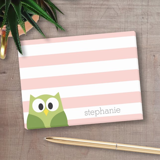Cute Cartoon Owl - Coral and Green with Stripes Post-it Notes (Personalized Post-it notes - add your name and other text)