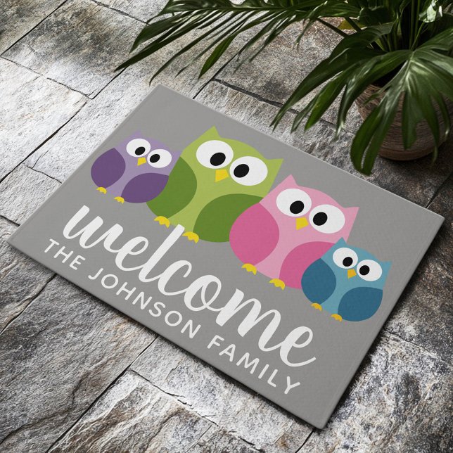 Cute Cartoon Owl Family and Custom Name Doormat (Custom Welcome Mat)