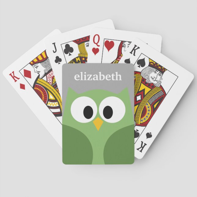 Cute Cartoon Owl - Green and Grey Custom Name Playing Cards (Back)