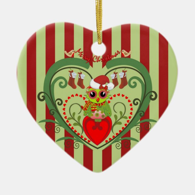 Cute Cartoon Owl in Heart Christmas ornament (Front)