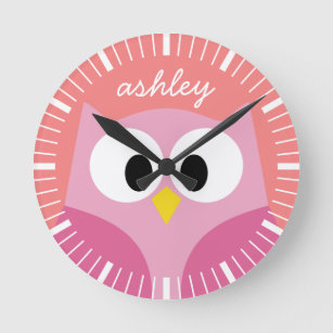 Cute Cartoon Owl in Pink and Coral Round Clock