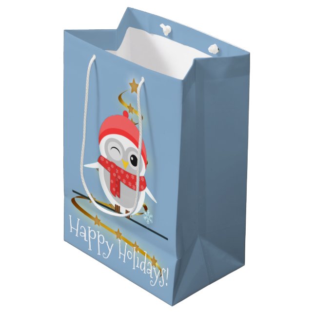 Cute Cartoon Owl in Red Hat and Scarf Medium Gift Bag (Front Angled)