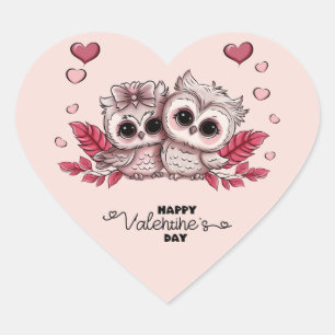 Cute Cartoon Owl Lovers Heart Valentine’s Day Heart Sticker