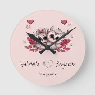 Cute Cartoon Owl Lovers Heart Valentine’s Day  Round Clock