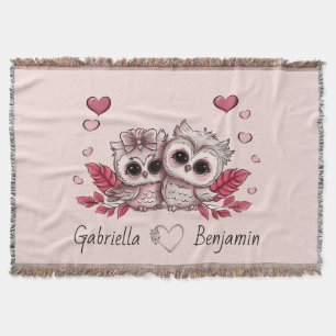 Cute Cartoon Owl Lovers Heart Valentine’s Day Throw Blanket