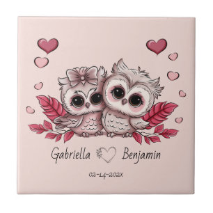 Cute Cartoon Owl Lovers Heart Valentine’s Day Tile
