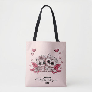 Cute Cartoon Owl Lovers Heart Valentine’s Day Tote Bag