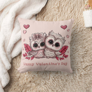 Cute Cartoon Owl Lovers Hearts Valentine’s Day Cushion