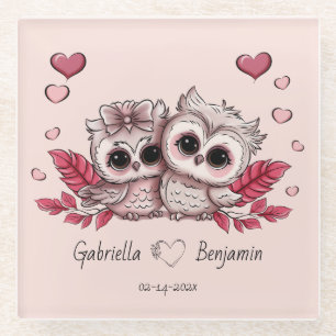 Cute Cartoon Owl Lovers Hearts Valentine’s Day Glass Coaster