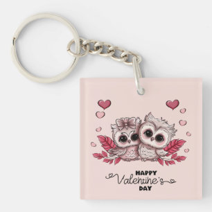 Cute Cartoon Owl Lovers Hearts Valentine’s Day Key Ring