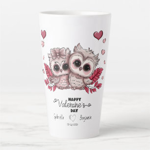 Cute Cartoon Owl Lovers Hearts Valentine’s Day Latte Mug