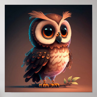 Cute cartoon owl on a dark brown background.  poster
