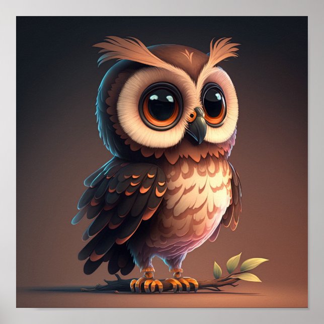 Cute cartoon owl on a dark brown background.  poster (Front)